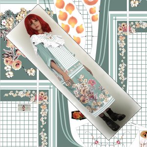 model wearing green table cloth dress tilted in front of pattern image to make it