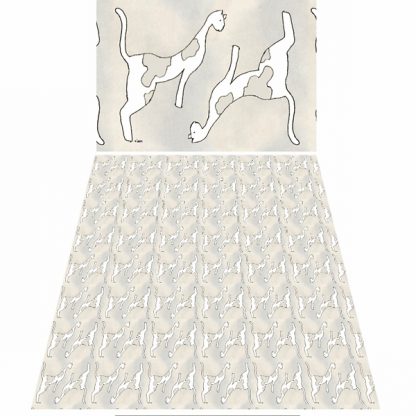 fabric swatch of drawing of slender cat stretching up to see something