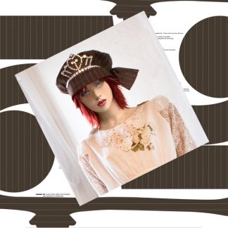 mannequin wearing pin stripe hat with tiara band in front of panel to make it