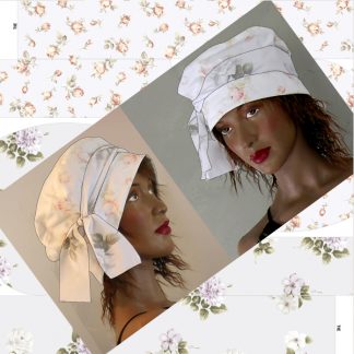 shabby faded floral wrap hat on mannequin heads tilted in front of printed craft panel to make it