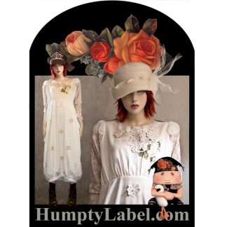 mannequin wearing fake printed bride dress with Humpty doll in front pattern cover