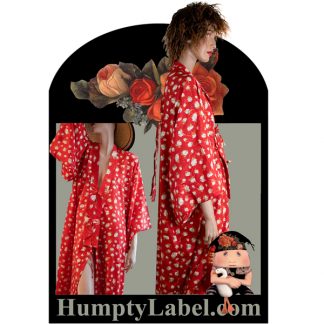 mannequins wearing red calico kimono humpty doll in front on pattern cover