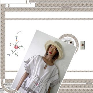 lady in hat wearing boho cross stitch top angled in front of printed fabric for making the top
