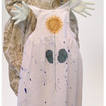 child sunflower dress with blue ink splatters