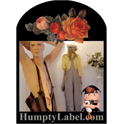 mannequins wearing over size overalls with Humpty in front