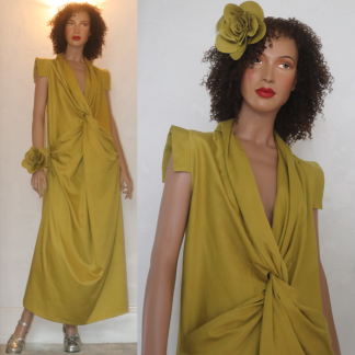 twist front dress with matching fabric rose on wrist and in hair