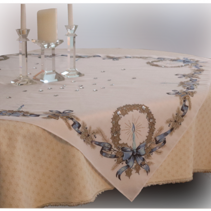 50s style Christmas tablecloth w wreaths, candles, bells